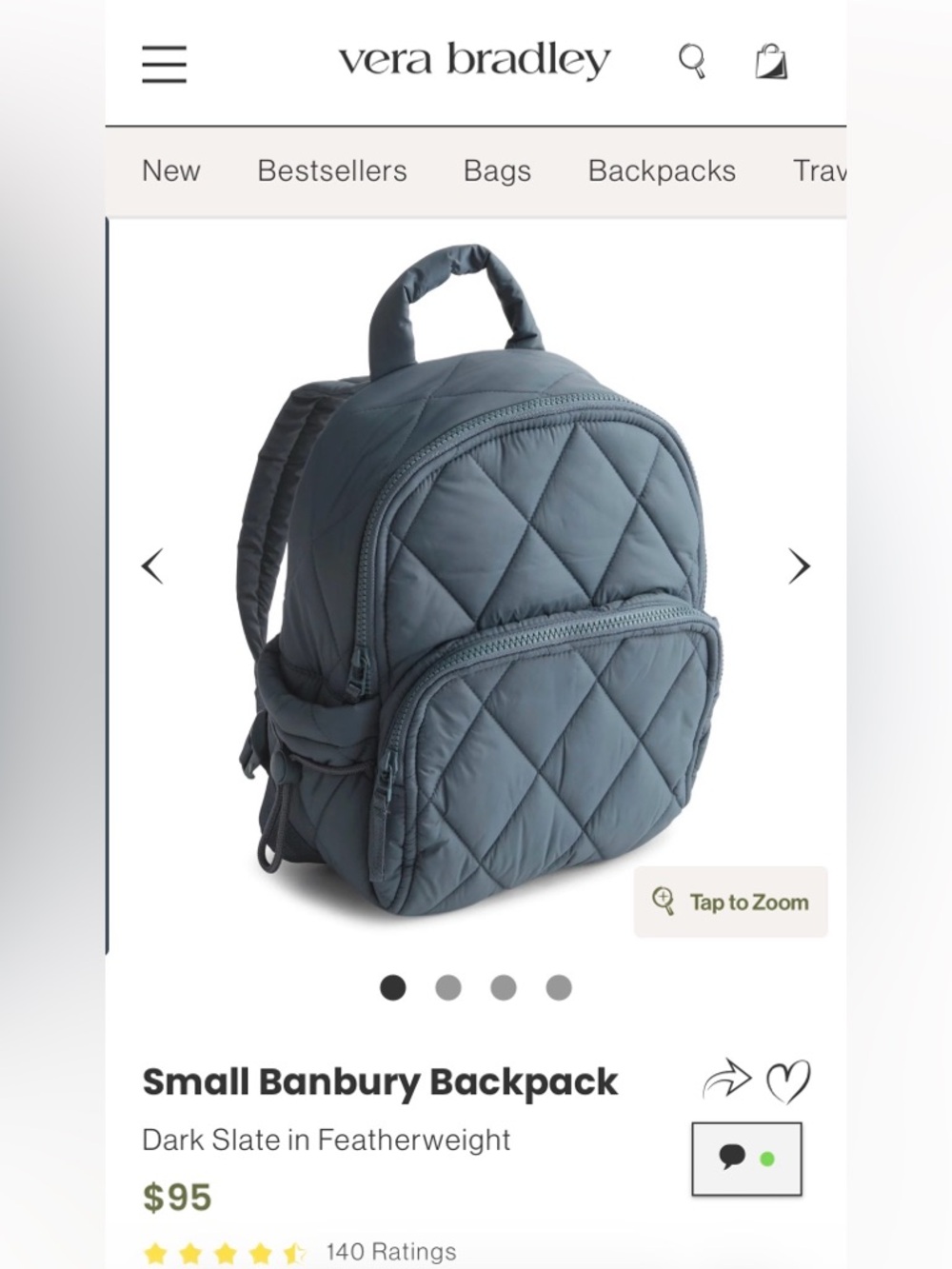 Vera Bradley small banbury backpack (DARK SLATE)